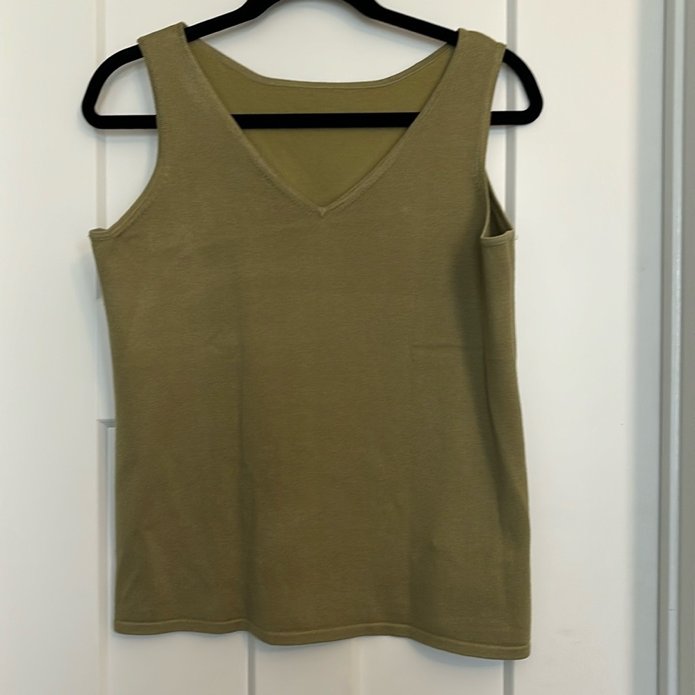 Olive tank top can wear as v neck or high neck  38” across 23” length